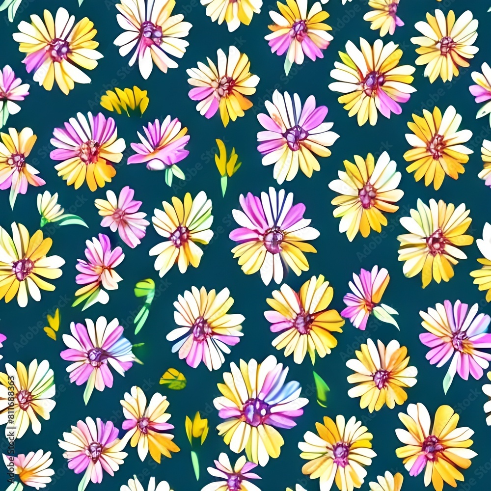 Daisy flower seamless pattern on blue background. Floral print with tiny chamomile great for fashion fabric, home decor textile and wallpaper