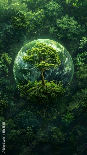 Digital of a Lush Green Forest with the Earths Globe Emerging Symbolizing Ecofriendly Themes
