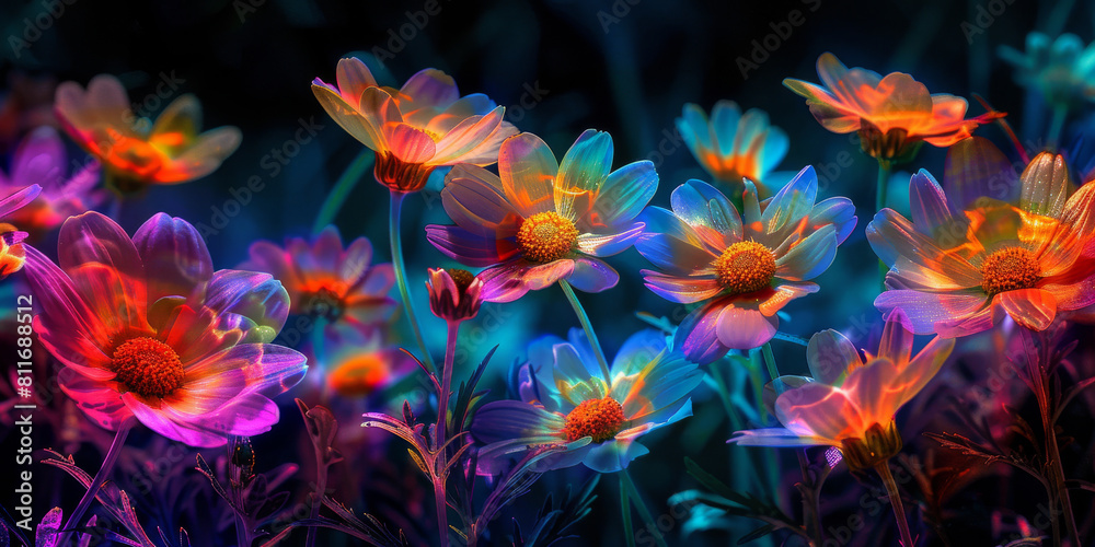 A colorful field of flowers with a blue sky in the background