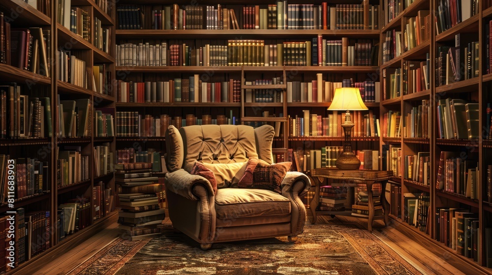 Cozy Library Interior with Armchair and Bookshelves | Reading Room for Study, Relaxation, or Home Office Decor Cozy Library Interior with Armchair and Bookshelves | Reading Room for Study, Relaxation, or Home Office Decor
