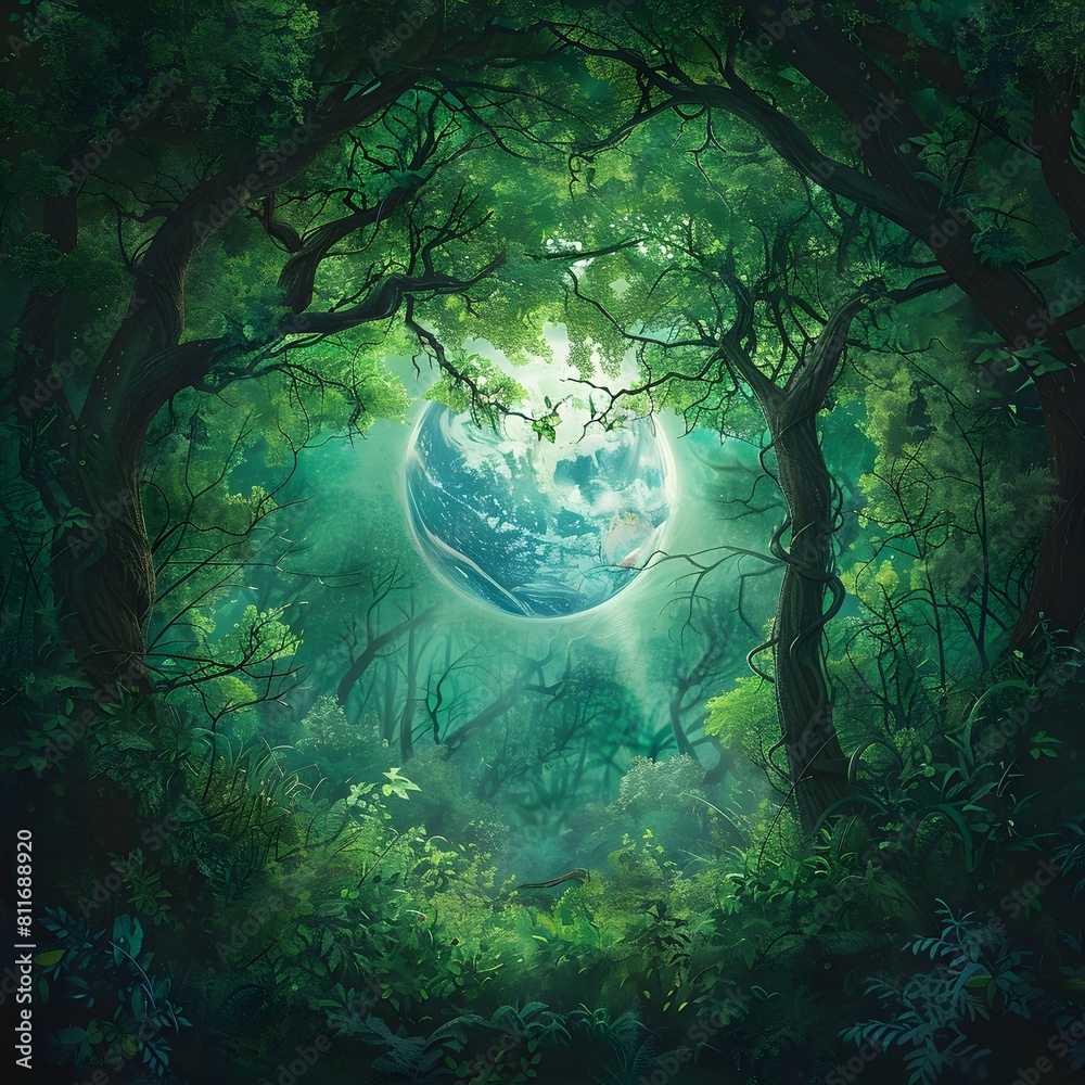 Digital of a Lush Green Forest Embracing the Earths Globe A Harmonious Vision of Nature
