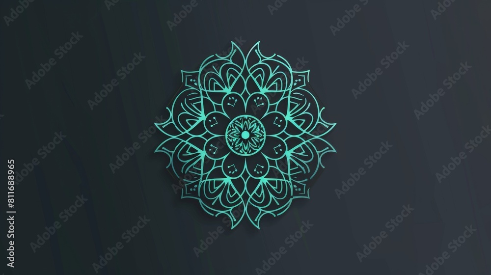 A simple and elegant vector logo of an abstract mandala pattern in light teal, centered on the left side of a blank black background with subtle gradient shadows. 