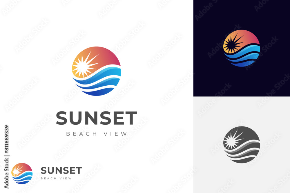 Abstract Circular Sun and Sea Wave Logo icon design for summer, Flat Vector Logo Design Template Element symbol