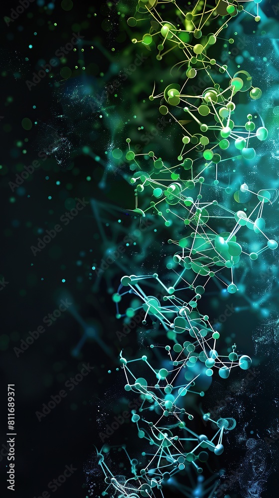 A vertical backdrop with bright turquoise and soft green plexus connections cascading over a dark background, perfectly suited for displaying text in the lower section A vertical backdrop with bright turquoise and soft green plexus connections cascading over a dark background, perfectly suited for displaying text in the lower section