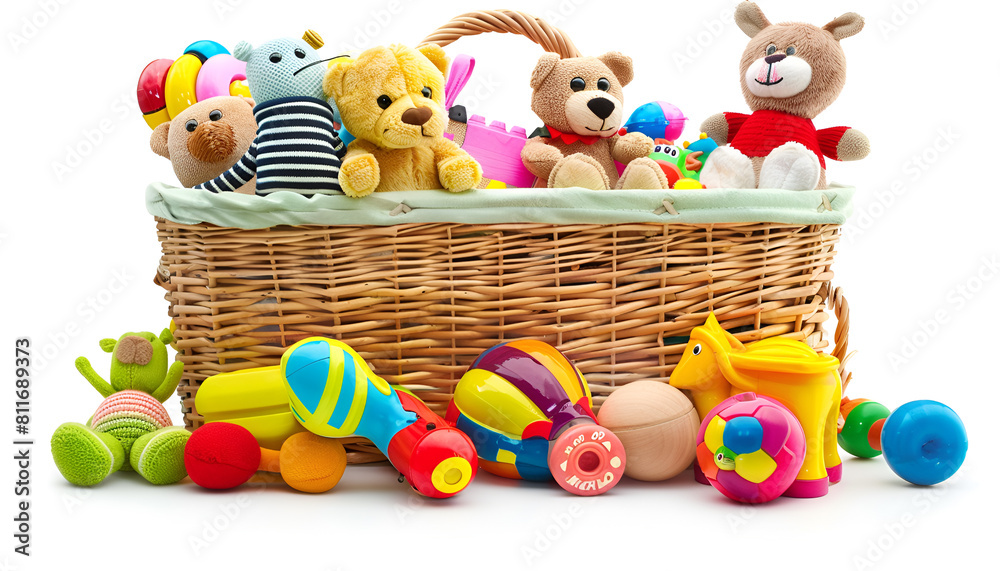 Obraz premium Many different children's toys and wicker basket isolated on white