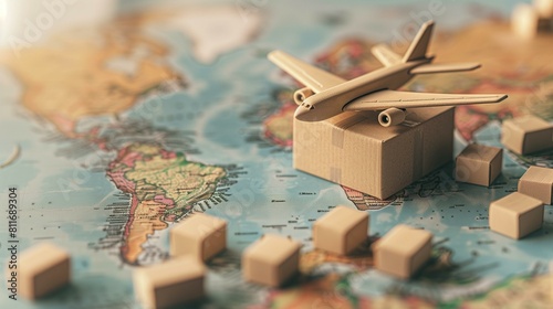 Airplane on top of package on world map background concept of cross-border delivery shipment photo