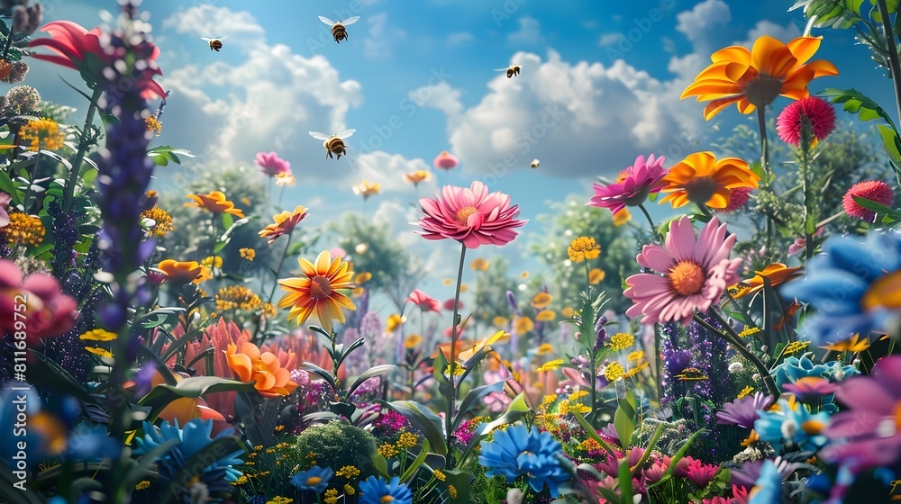 Vibrant Blooming Flowers in Lush Meadow Filled with Buzzing Bees and Colorful Petals under Bright Vibrant Blooming Flowers in Lush Meadow Filled with Buzzing Bees and Colorful Petals under Bright