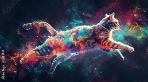 A dynamic double exposure artwork where the leap of a cat is overlaid with a brightly colored galaxy © reels
