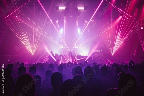 A man with purple visuals is performing a DJ set at an event venue