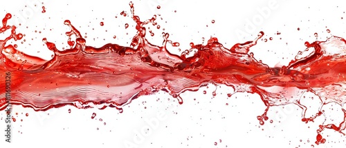 A vibrant image of a red water splash captured in highspeed photography, set against a stark white background, designed for ads with ample copy space