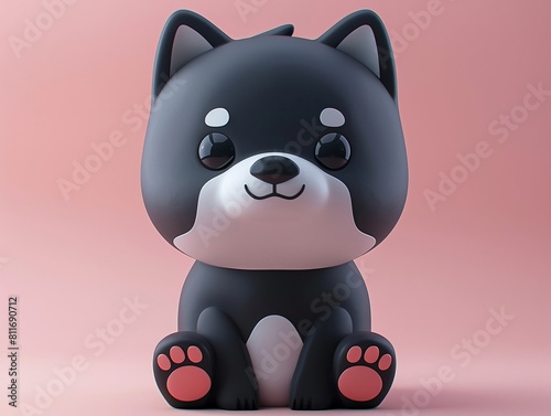 3d cute popmart, toy, c4d, white background, black shiba dog, super simple, soft pastel colors photo