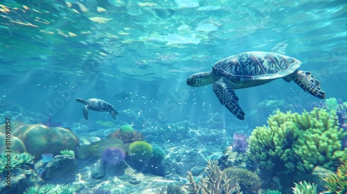 Serene Sea Turtles Swimming in Sunlit Waters © Jitrin