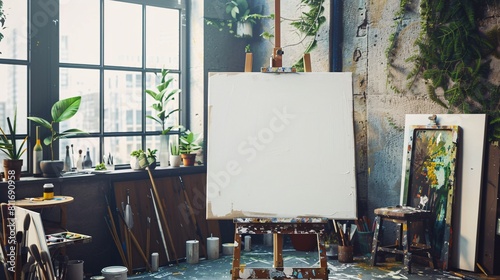 Wooden easel with blank canvas standing in modern artist studio. Mock up, copy space. photo