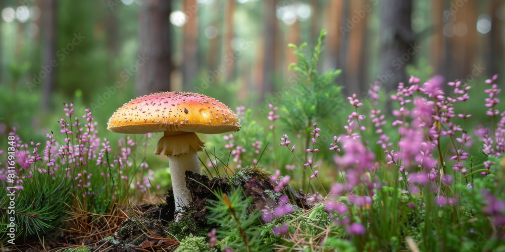 Vibrant Fly Agaric Mushroom in Lush Forest Setting Vibrant Fly Agaric Mushroom in Lush Forest Setting