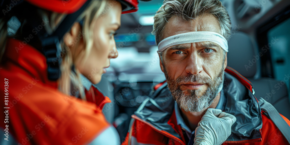 First Responder Assessing an Injured Man in Emergency Situation First Responder Assessing an Injured Man in Emergency Situation