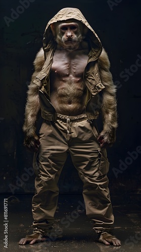 Muscular Primate Athlete Performing Calisthenics Workout in Rugged Wilderness Setting