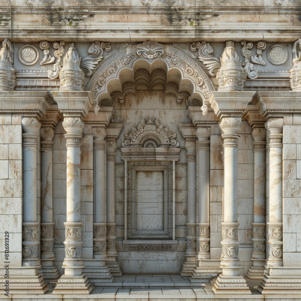 indian hindu temple wall with arch and pillars