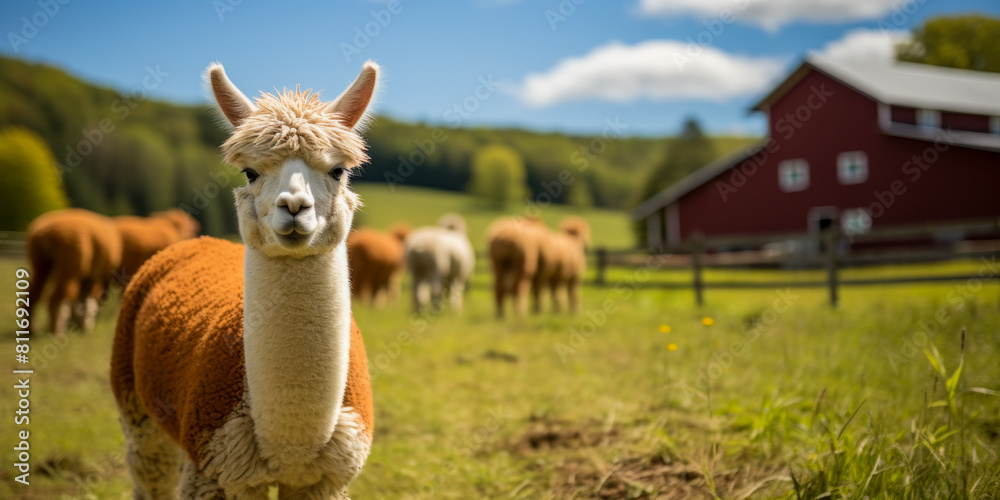Fototapeta premium Smiling Alpaca Front and Center at Rustic Farm Landscape