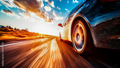 Dynamic image of a sports car speeding on a highway with motion blur and sunset in the background. © apratim