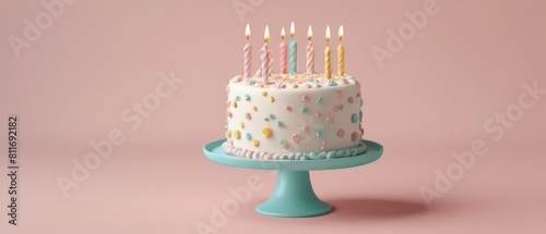 3D rendering of a birthday cake placed on a flat background