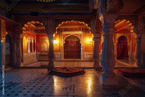 luxurious hindu palace from the times of ancient india, interior, night