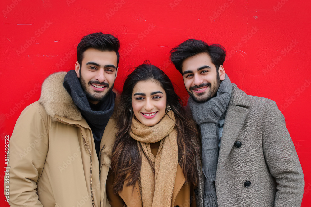 Two men and one woman in warmwear together Two men and one woman in warmwear together