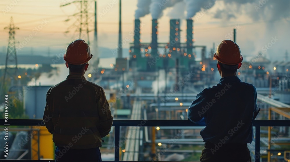 Two engineers looking at an oil refinery at day high voltage production plant Power plants, nuclear reactors, energy industries
