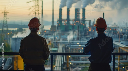 Two engineers looking at an oil refinery at day high voltage production plant Power plants, nuclear reactors, energy industries 