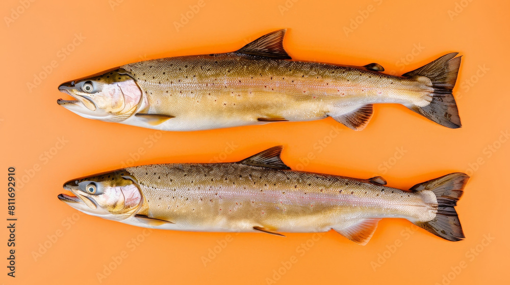 two brown trouts, Salmo trutta, species of salmonid ray-finned fish on a orange background two brown trouts, Salmo trutta, species of salmonid ray-finned fish on a orange background