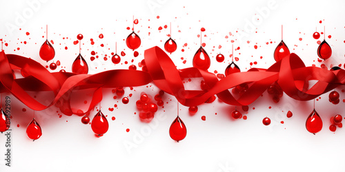 A red ribbon surrounded with blood drops, symbolizing solidarity and support for blood donors and recipients on World Blood Donor Day, white background, creative illustration. photo