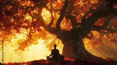 vibrant and colorful A silhouette of a person meditating under a Bodhi tree, illustrating the spiritual introspection and enlightenment pursued in Hindu philosophy