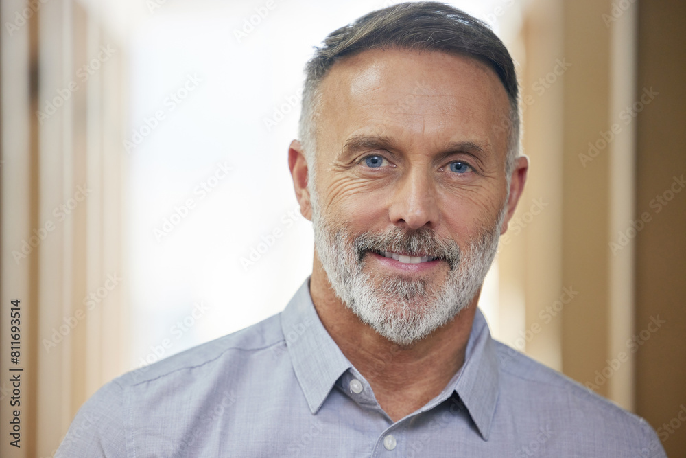 Fototapeta premium Mature, businessman and portrait with smile in office for career with confidence, happy and positive. Manager, boss and financial planner with pride for job in Australia with person in corporate.