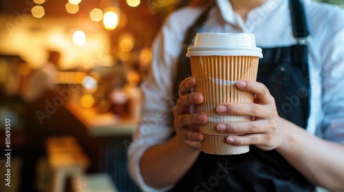 A waitress holding and serving a paper cup of hot coffee