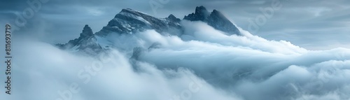 A mountain covered in clouds with a misty atmosphere
