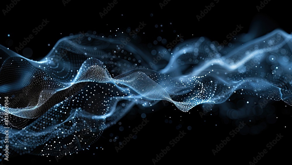 Electric blue particles in a space pattern on black background