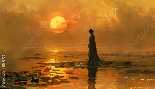 Amidst the serene lotus pond, a woman stands gracefully as the sun dips below the horizon, casting golden reflections on the calm waters