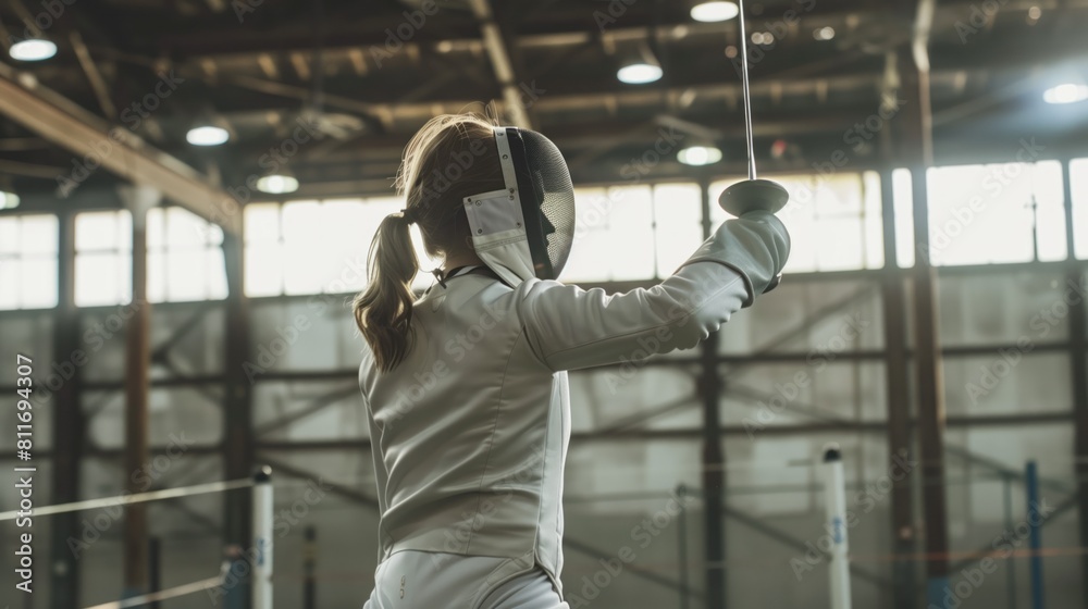 White woman practicing fencing sport, person is focused and enjoying the sport, sports photography, generative ai