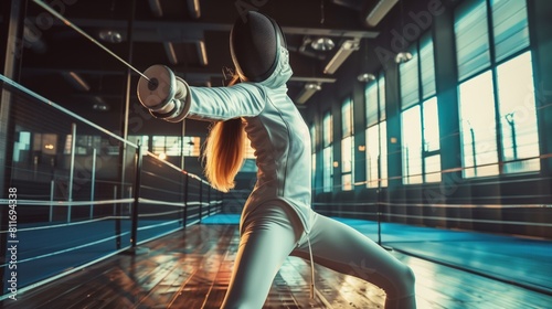 White woman practicing fencing sport, person is focused and enjoying the sport, sports photography, generative ai photo