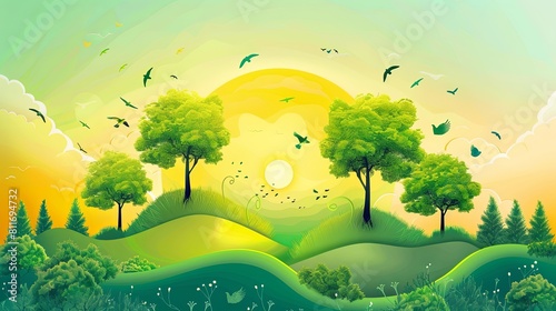 Sunset sky over green hills with trees and birds
