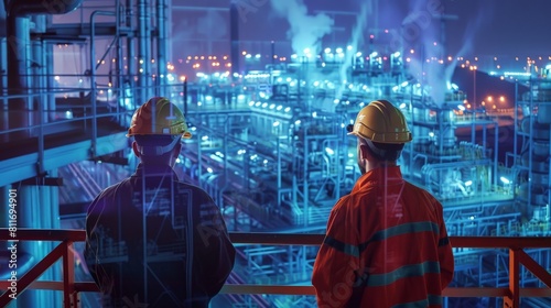 Two engineers in hard hats looking out over an oil refinery at night high voltage production plant Power plants  nuclear reactors  energy industries 