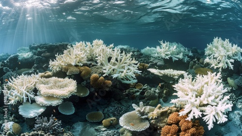 A coral reef is full of white coral and colorful fish