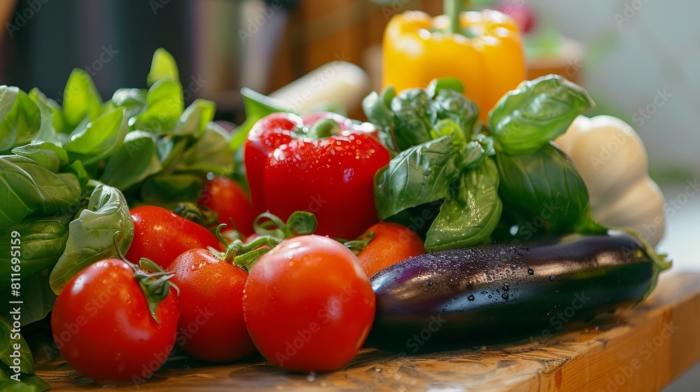 A variety of vegetables on a cutting board. A variety of vegetables on a cutting board.
