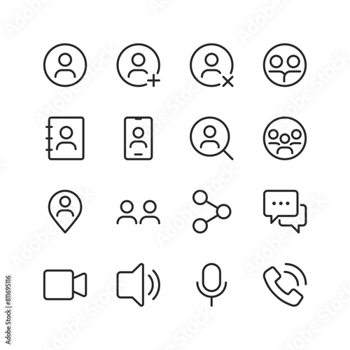 Communication and Interaction, linear style icon set. User interface visuals for connecting and engaging with others. Messaging, voice/video calls, contact management. Editable stroke width.