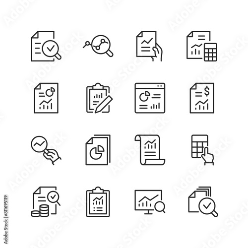 Auditing and Financial Analytics, linear style icon set. Reviewing account documents, taxation reports and analytical documentation. Examining economic data. Editable stroke width