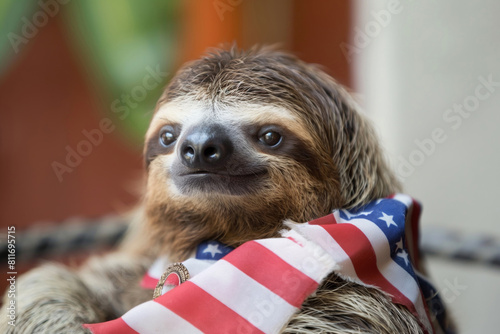 Independence Day. Fawn Threetoed sloth with American flag scarf around its neck. Generative AI photo