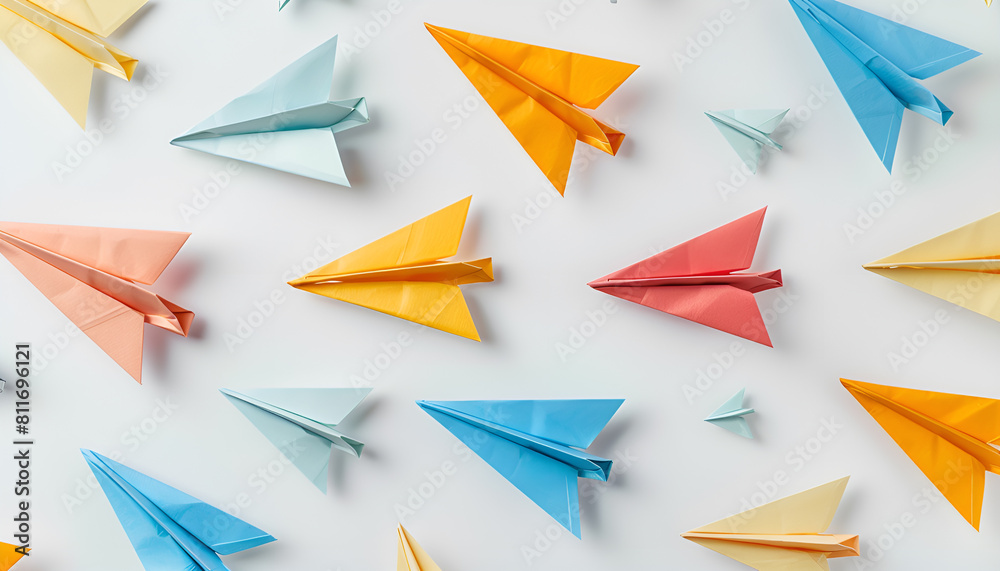 Collage with many paper planes on white background. Origami art