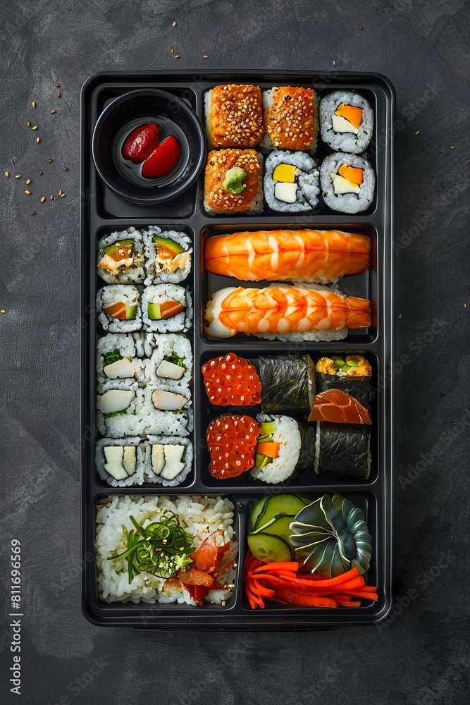 A tray of sushi and vegetables on a dark background.