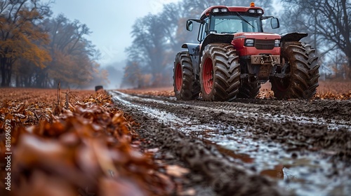 A tractor driving down a muddy road in the fall.