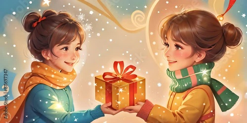 The girl gives her mother a gift box. The girl and her mother are holding a gift in their hands. Gift exchange. Concept of love, care. Mothers Day. Children's Day. Christmas. Family day.