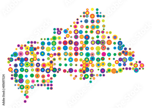 Abstract map of the Central African Republic drawn with overlapping colored circles like sweets or candies